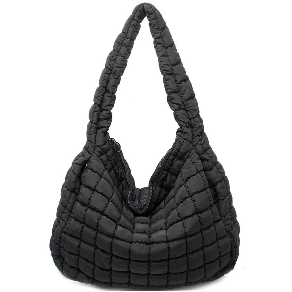 Street Level Black Quilted Puffer Shoulder Bag Nylon Hobo Purse